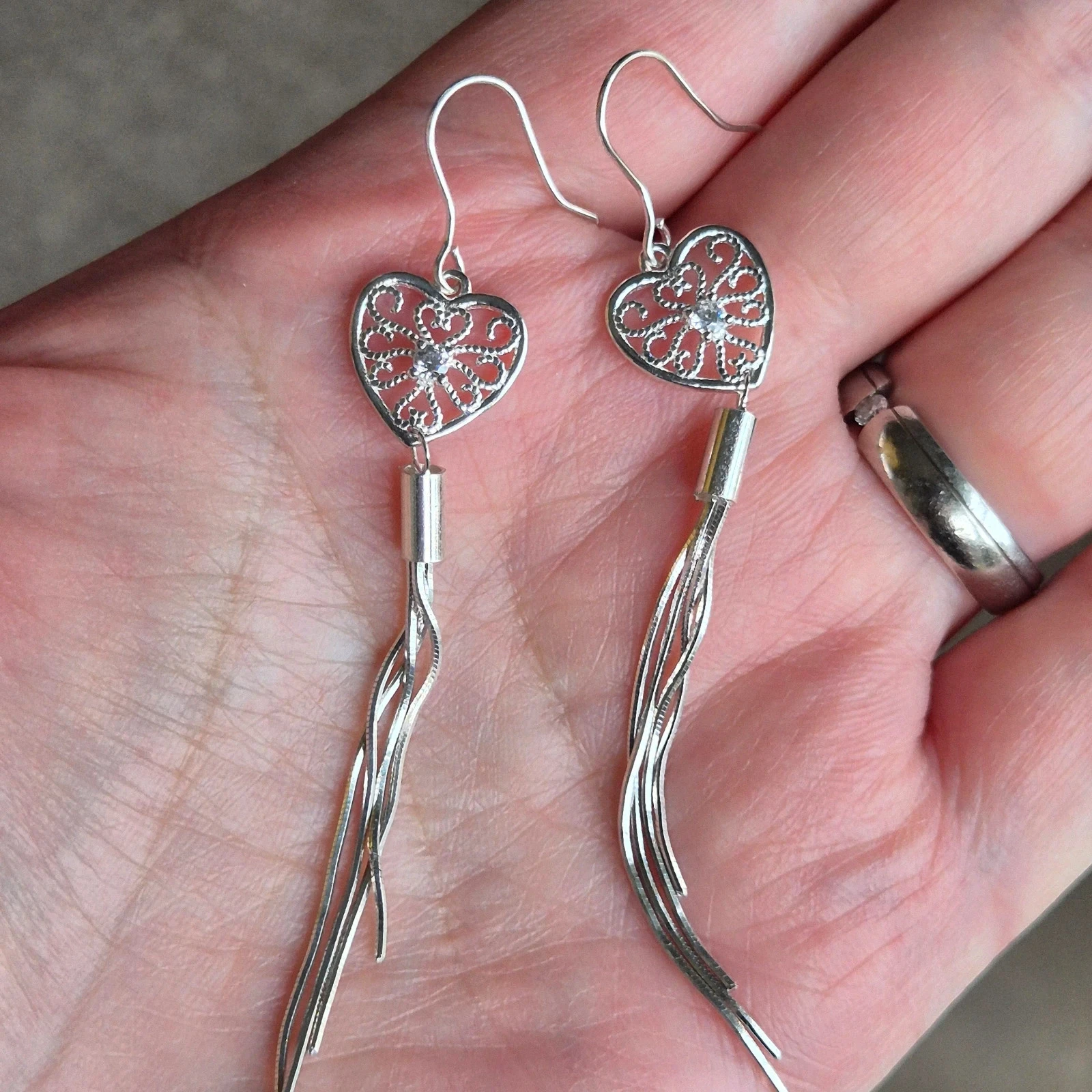 Certified S990 silver heart filigree earrings